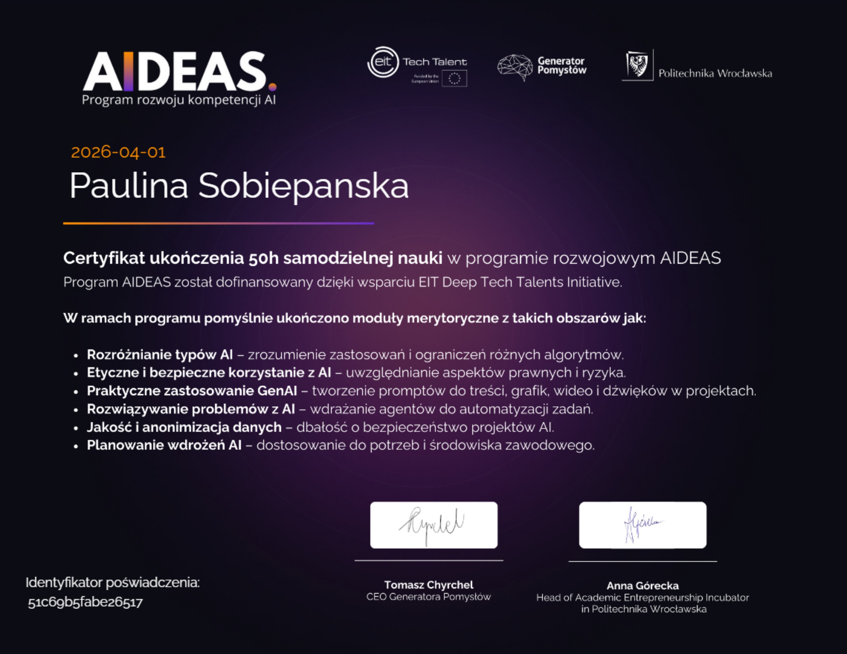 Certyfikat: AIDEAS · Program rozwoju kompetencji AI