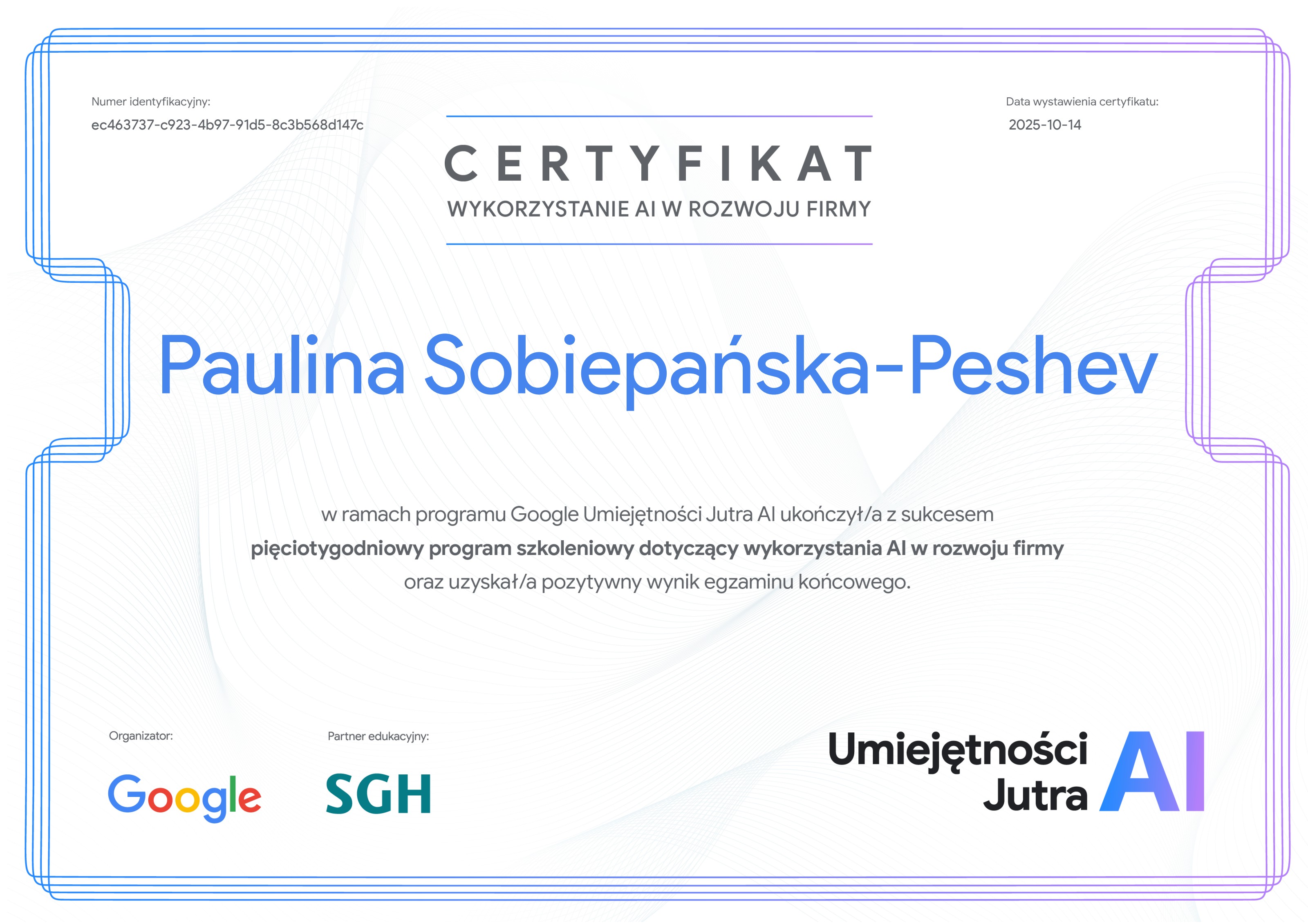 Certyfikat: Wykorzystanie AI w rozwoju firmy
